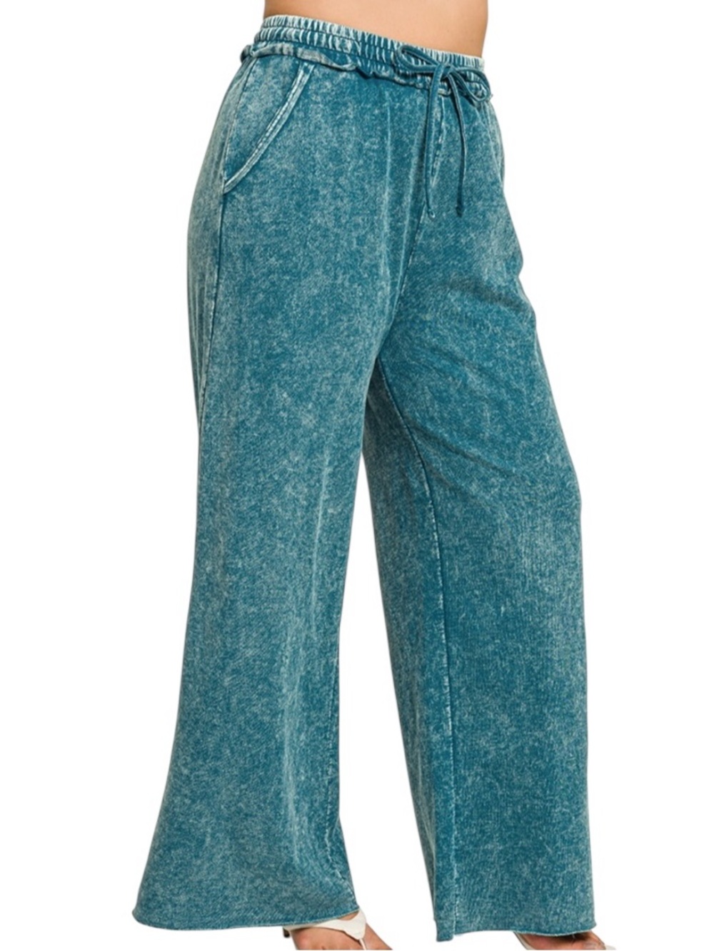 Zenana Teal Wash Cotton French Terry Wide Leg Pants - Picture 6 of 7